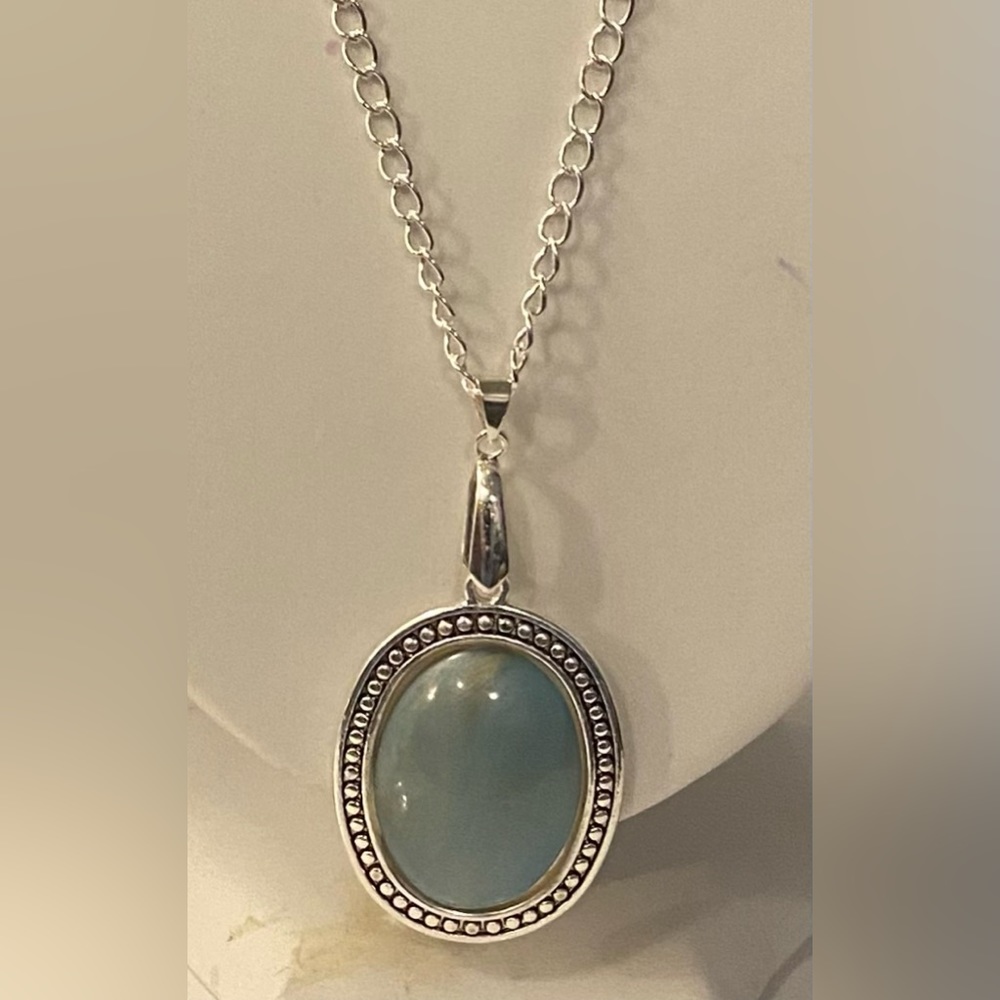 NEW Misty Blue cabochon on silver chain